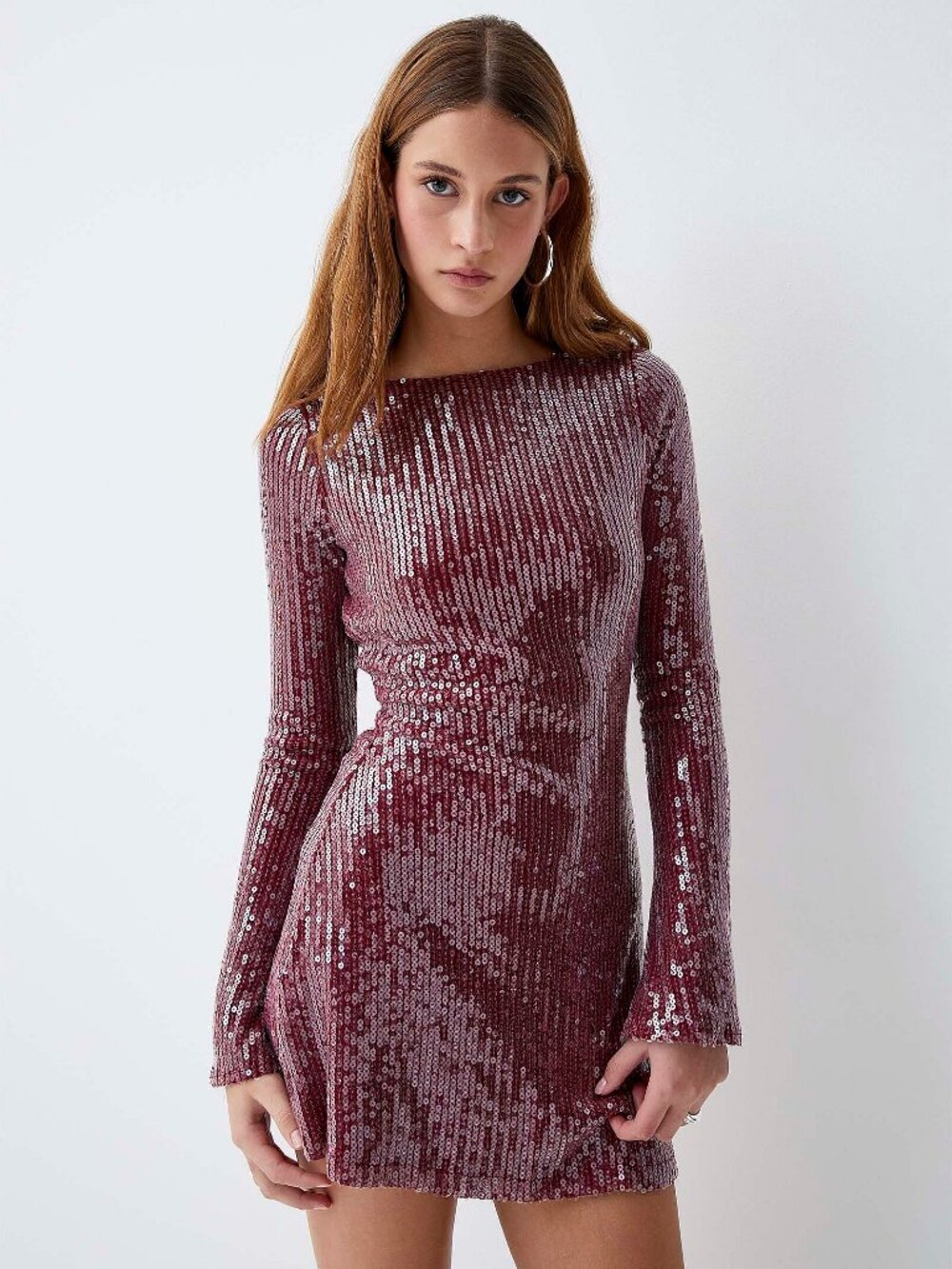 Pink Red Sequin Open Back Flare Sleeve Mini Dress - Motel Rocks - Size XL